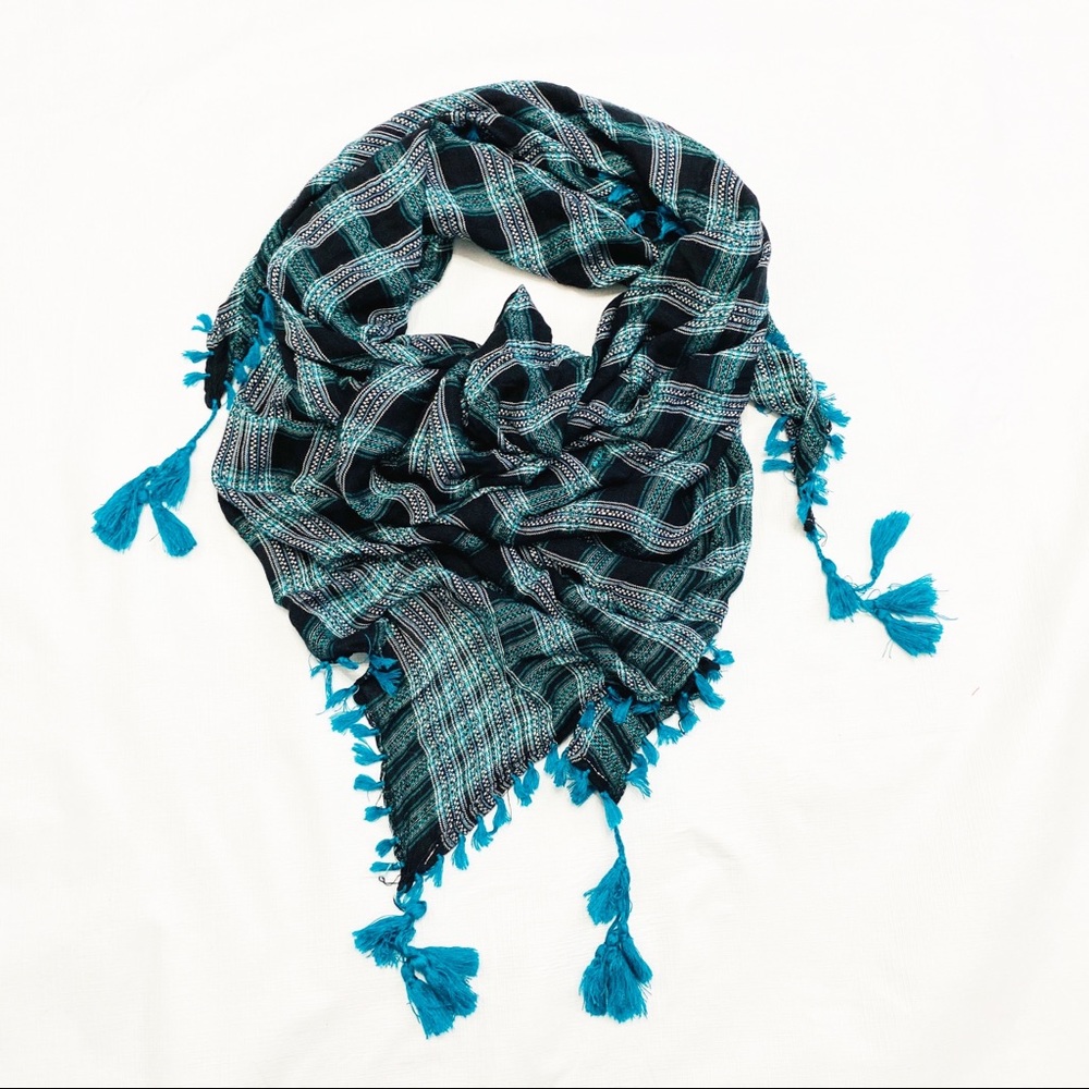 Black & Teal Plaid Square Tassel Fringe Scarf Wrap